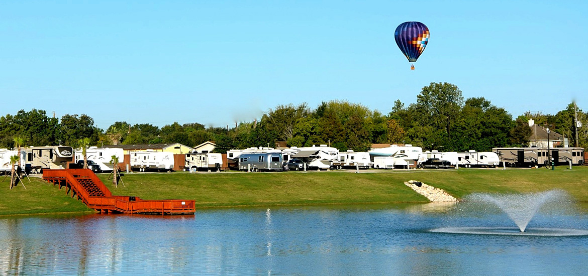 Hot Air Balloon over the Lake at Katy Lake RV Resort